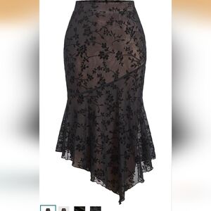 Asymmetric Floral Burnout Midi Skirt - Black